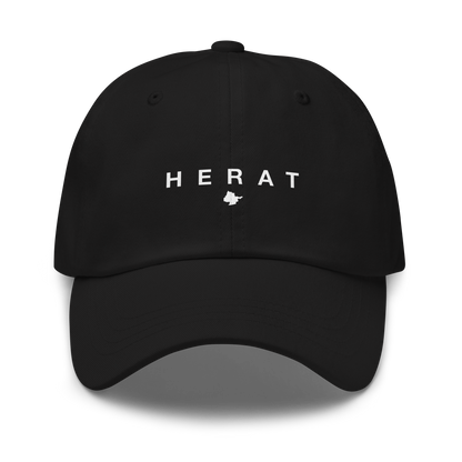 Black cap with 'HERAT' text on a white background