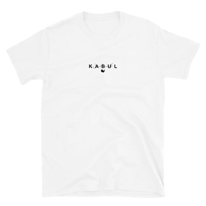 White t-shirt with 'KABUL' text on a white background