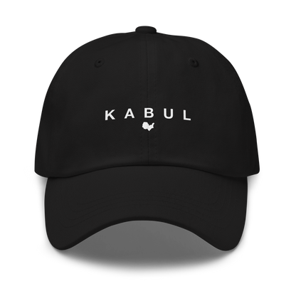 Black cap with 'KABUL' text on a white background