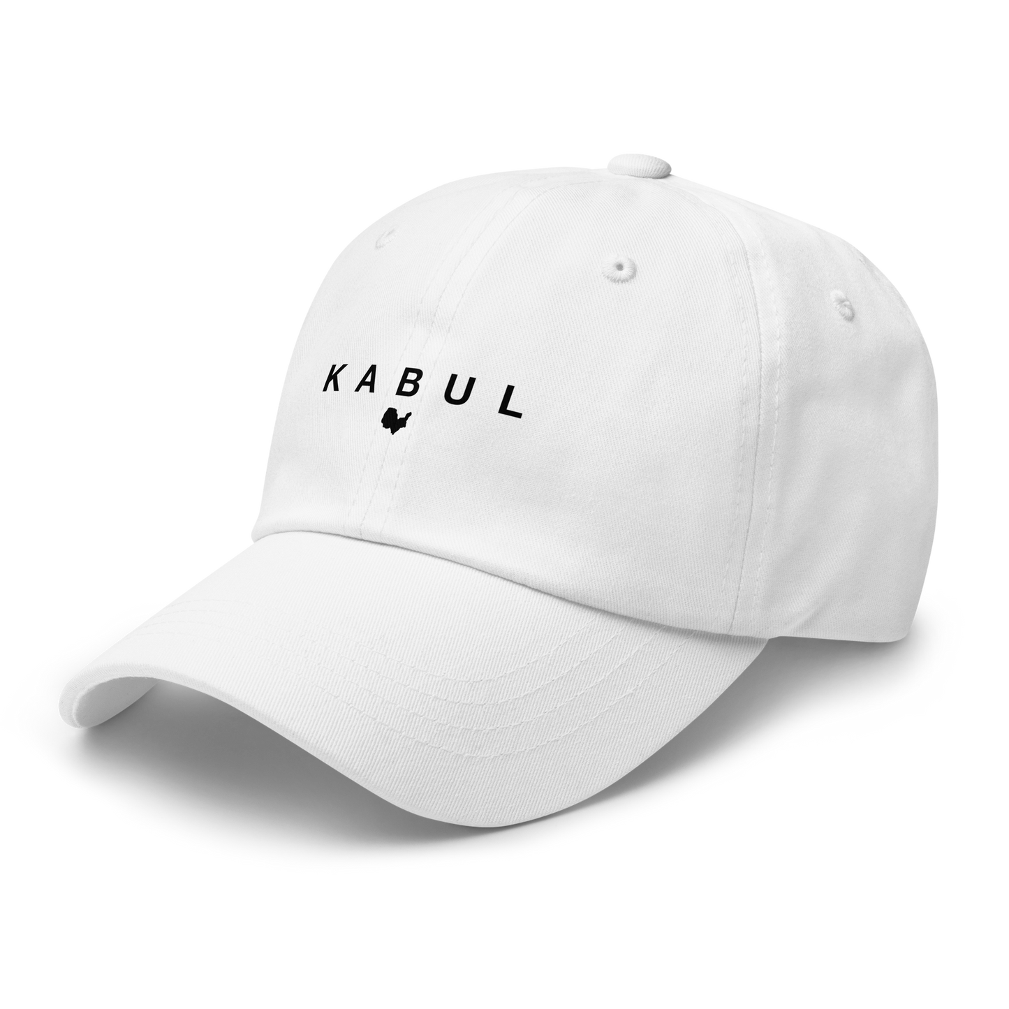 White cap with 'KABUL' text on a white background