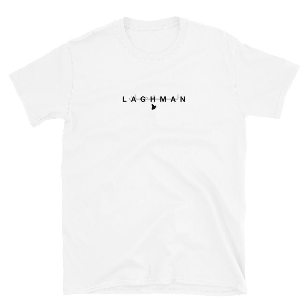 White t-shirt with 'LAGHMAN' printed on a white background