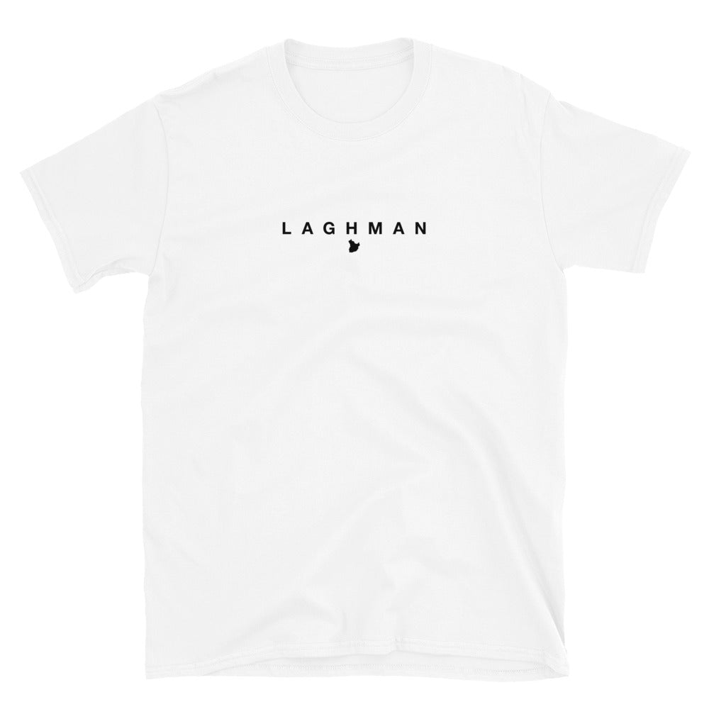 White t-shirt with 'LAGHMAN' printed on a white background