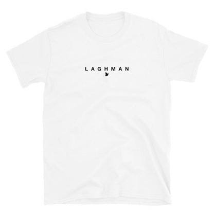 White t-shirt with 'LAGHMAN' printed on a white background
