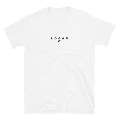 White t-shirt with 'LOGAR' text on a white background