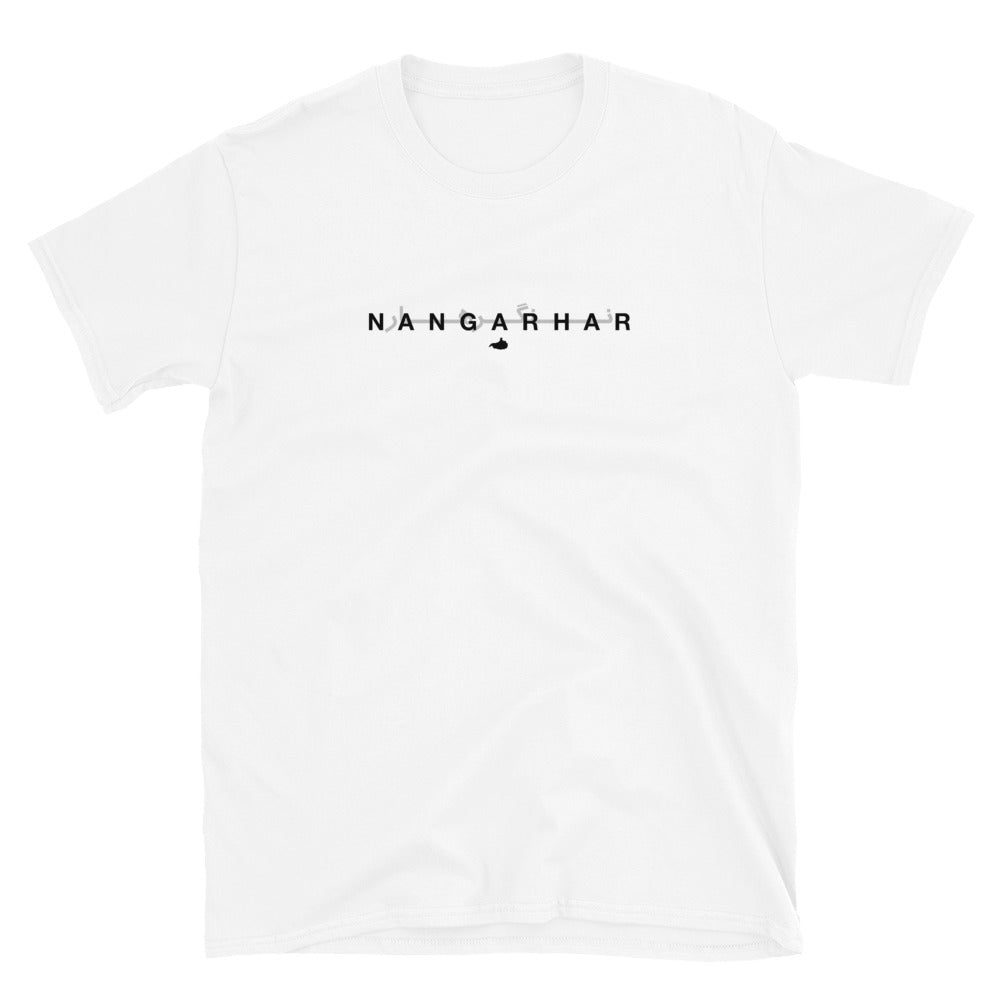 White t-shirt with 'NANGARHAR' text on a white background
