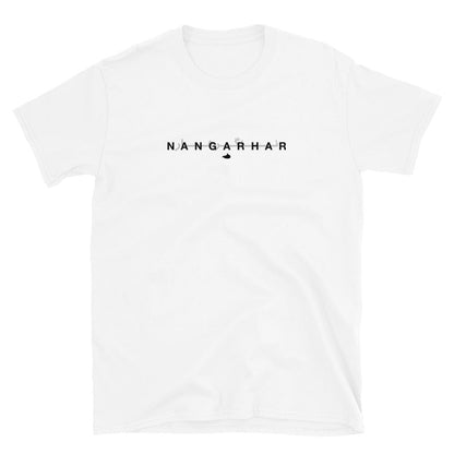 White t-shirt with 'NANGARHAR' text on a white background