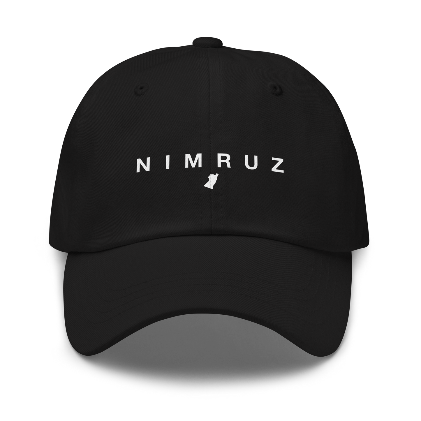 Black cap with 'NIMRUZ' text on a white background