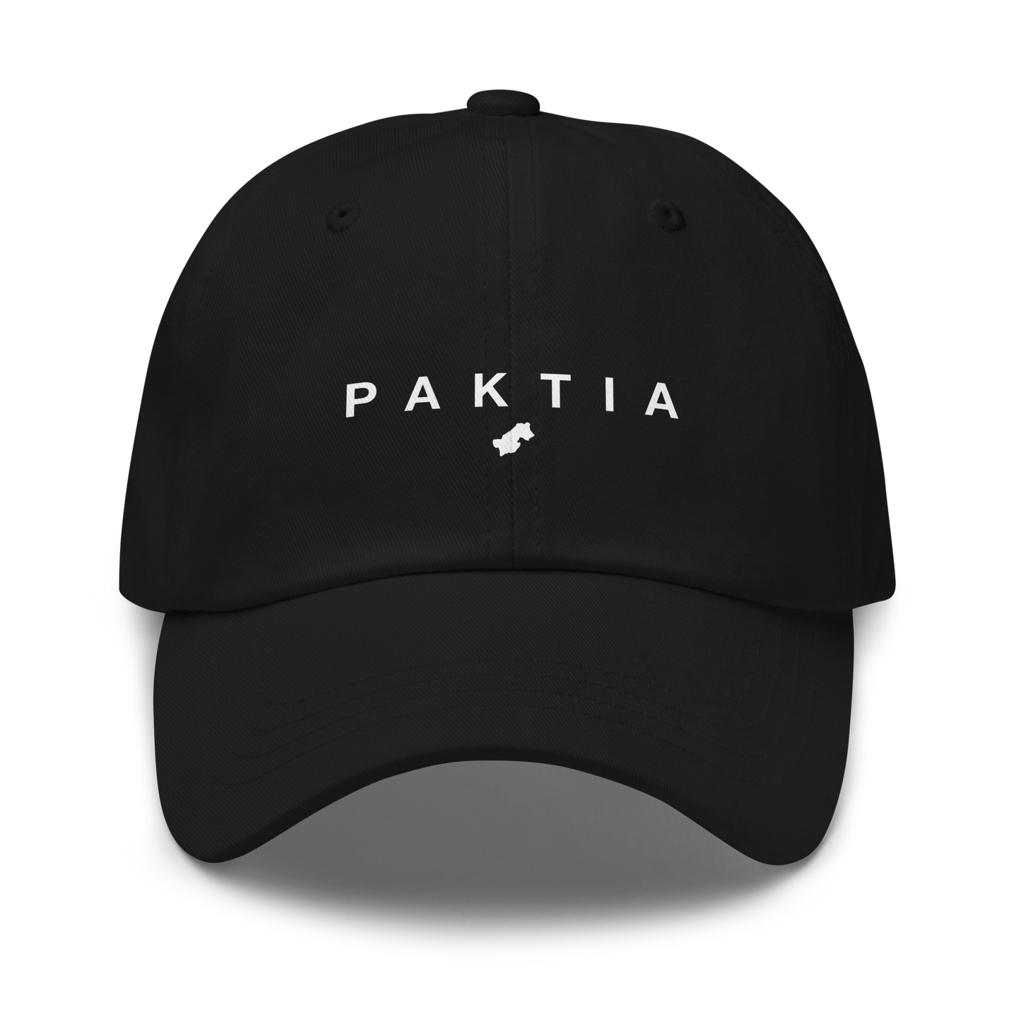 Black cap with 'PAKTIA' text on a white background