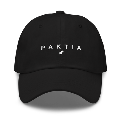 Black cap with 'PAKTIA' text on a white background