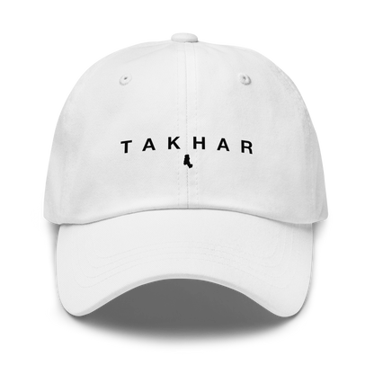 White cap with 'TAKHAR' printed on a white background