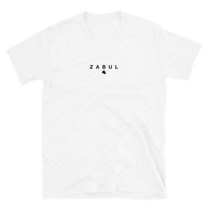 White t-shirt with 'ZABUL' text on a white background