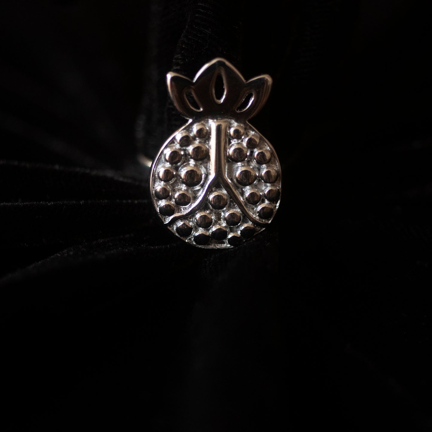 Against a black backdrop sits a pomegranate shaped silver ring.