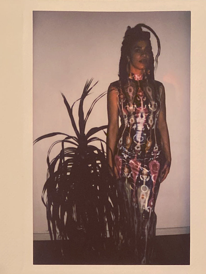 A polaroid of a woman in a colourful holographic ikat floor length dress standing next to a plant.,