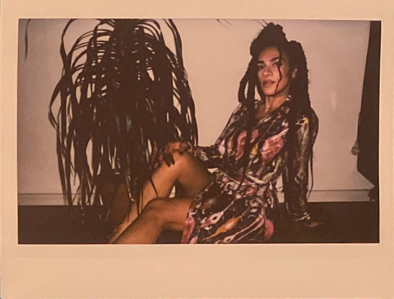 A polaroid of a woman in a colourful ikat dress next to plant.